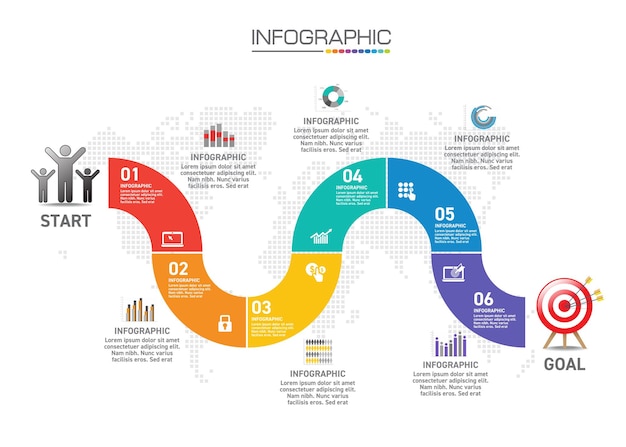 ビジネスコンセプトのインフォグラフィックチャート、6つのオプションは6つのステップでビジネスコンセプトに使用できます。
