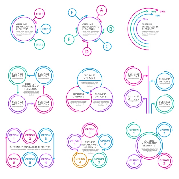 Insieme di elementi di linea sottile di grafici di infografica