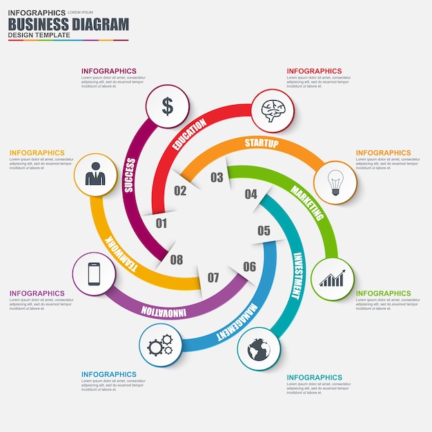 Infographic 원형 다이어그램 벡터 디자인 서식 파일입니다. 워크 플로우, 사이클에 사용할 수 있습니다.