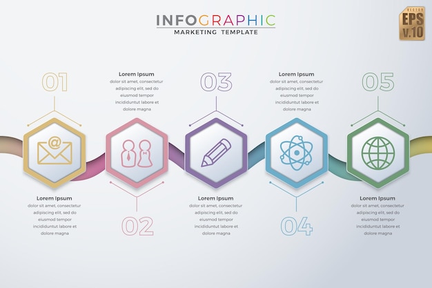 Infographic colorful Business template vector design Hexagon pastel icons 5 options or steps in minimal style You can used for Marketing process workflow presentations layout flow chart print ad