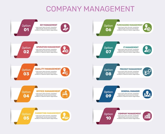 Infographic Company Management template Icons in different colors Include Key Management Operation Management Quality Management Office Management and others