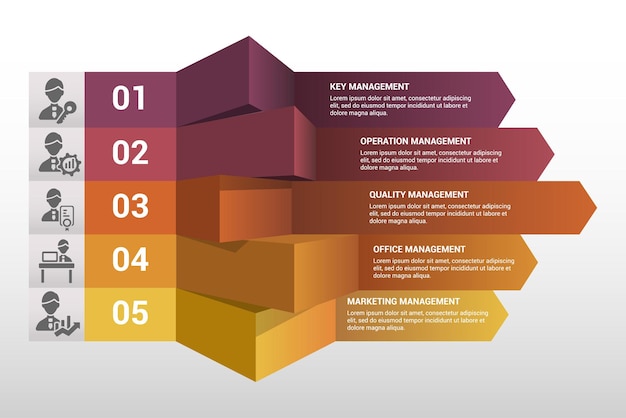 Infografica modello di gestione aziendale le icone in diversi colori includono gestione delle chiavi gestione delle operazioni gestione della qualità gestione dell'ufficio e altri
