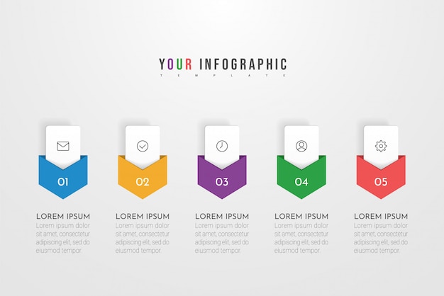 Concept design infografico con cinque opzioni, passaggi o processi. può essere utilizzato per layout del flusso di lavoro, relazione annuale, diagrammi di flusso, diagramma, presentazioni, siti web, banner, materiali stampati.