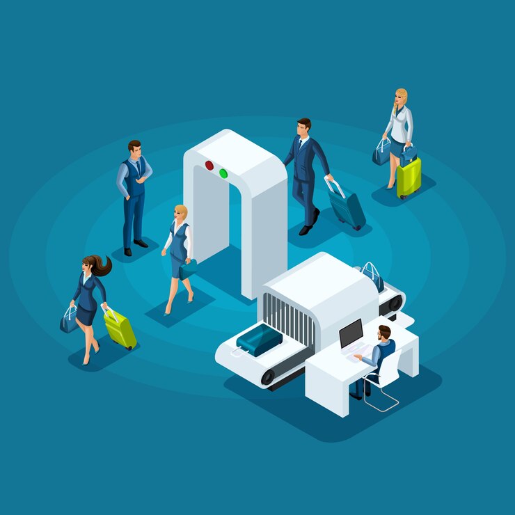 Vector  infographic concept of passing baggage inspection at the entrance to the airport building, business ladies and businessmen on a business trip