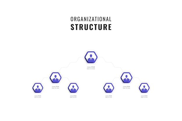 Infographic corporate structure template with violet hexagonal elements on a white background