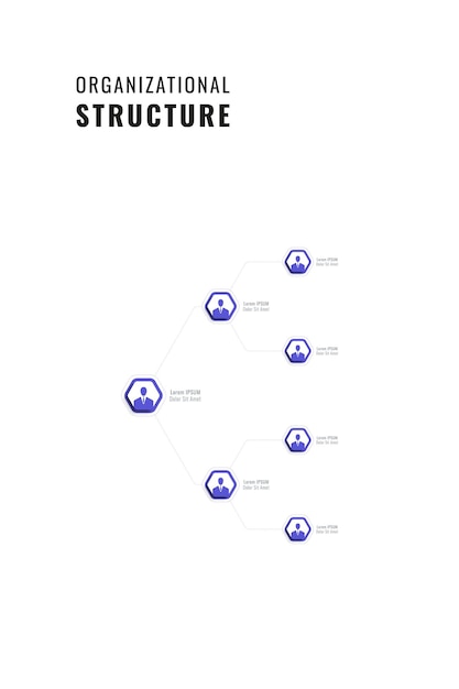 Infographic corporate structure template with violet hexagonal elements on a white background