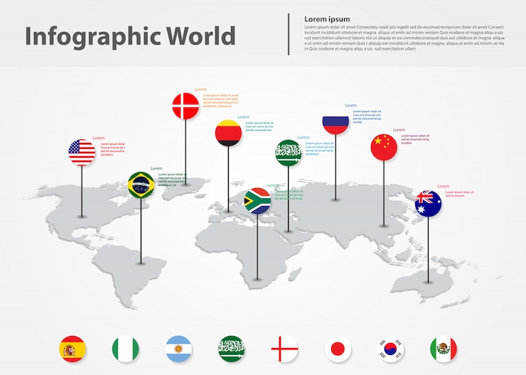 Vector infographic 국가 세계지도, 국제 세계 플래그