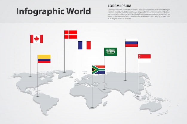 Mappa del mondo paese infografica, bandiere del mondo internazionale