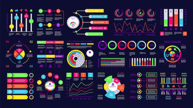 Infographic dashboard. grafische grafieken, financiële diagrammen. webgegevensgrafieken en ui-interface-elementen. moderne statistiek voor presentatie vector set. infographic diagram, grafiek financiën illustratie