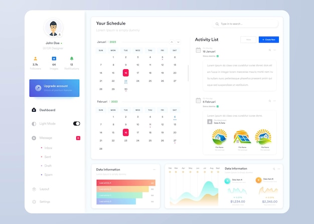 Infographic dashboard UIUX-ontwerp met grafieken, grafieken en diagrammen