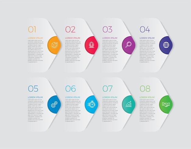인포 그래픽 디자인 및 마케팅 아이콘. 8 가지 옵션, 단계 또는 프로세스가있는 비즈니스 개념.