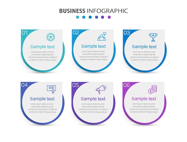 Modello di business di progettazione infografica con 6 opzioni, passaggi o processi