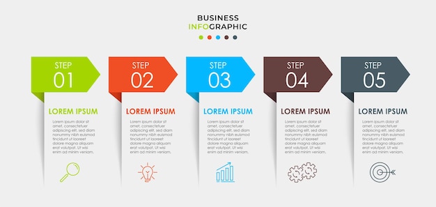 Modello di business di progettazione infografica con icone e 5 cinque opzioni o passaggi