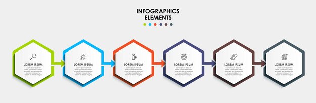 Modello di business di progettazione infografica con icone e 6 opzioni o passaggi