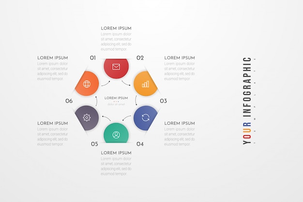 6つのサークルオプション、パーツ、ステップ、タイムライン、プロセスを備えたビジネスデータのインフォグラフィックデザイン要素。