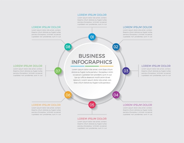 Progettazione e marketing di infografica. concetto di affari con 8 opzioni, passaggi o processi.