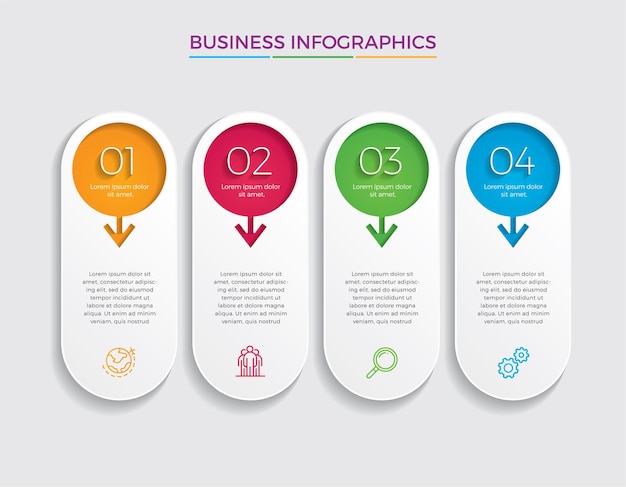 Icone di marketing e progettazione infografica. concetto di affari con 4 opzioni, passaggi o processi.