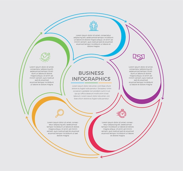 Icone di marketing e progettazione infografica. concetto di affari con 5 opzioni, passaggi o processi.