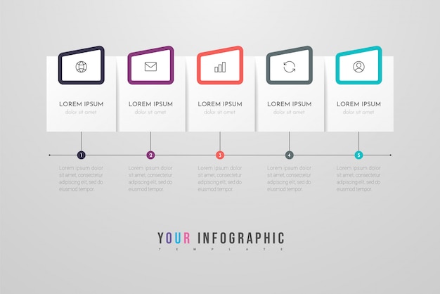 Infographic design met pictogrammen en vijf opties of stappen. Infographics bedrijfsconcept. Kan worden gebruikt voor informatiegrafieken, stroomschema's, presentaties, websites, banners, gedrukt materiaal.