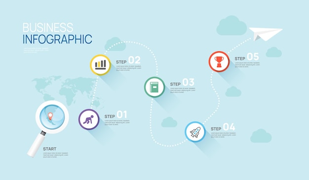 5 つのステップ ベクター インフォ グラフィックを使用したビジネス タイムライン コンセプトのインフォ グラフィック デザイン テンプレート