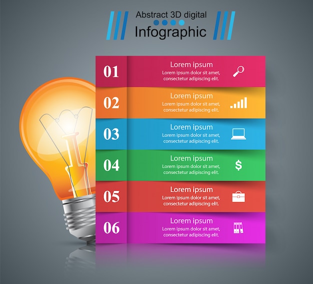 Modello di progettazione infografica e icone di marketing. icona lampadina icona della luce