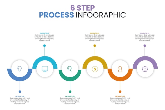 Шаблон инфографического дизайна. Концепция временной шкалы с 6 шагами. Может использоваться для схемы рабочего процесса.