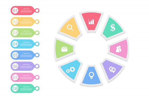 Modello di progettazione infografica con 8 opzioni o step per business, istruzione e tecnologia