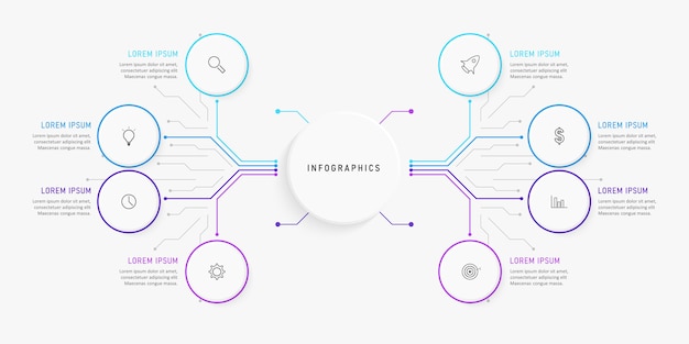 Modello di progettazione infografica con icone e 8 opzioni o passaggi.