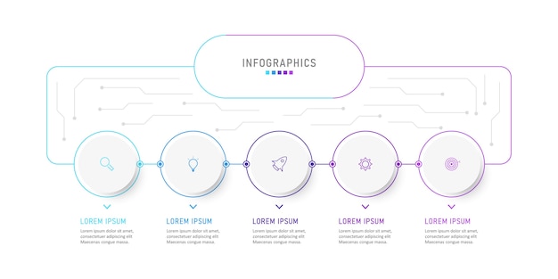 Шаблон оформления инфографики с иконками и 5 вариантами или шагами.