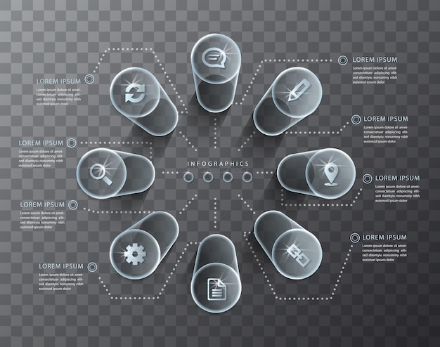 Вектор Инфографики дизайн прозрачный стеклянный цилиндр и значки