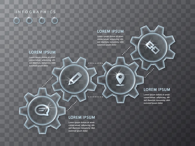 Vettore design infografico ruota dentata in vetro trasparente e icone