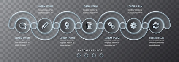 インフォグラフィックデザイン透明ガラスラウンドクロスフレームラベルとアイコン
