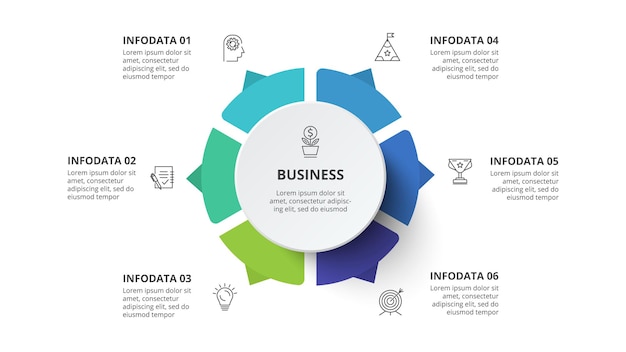 ダイアグラムグラフのプレゼンテーションと6つのオプションとラウンドチャートの概念のためのインフォグラフィックデザインベクトルとマーケティングアイコン