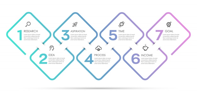 Progettazione infografica con icone e 7 opzioni o passaggi. infografica per il concetto di business.