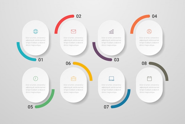 Инфографики дизайн с иконками и восемь вариантов или шагов. может использоваться для презентаций, блок-схем, веб-сайтов, баннеров, печатных материалов. ,