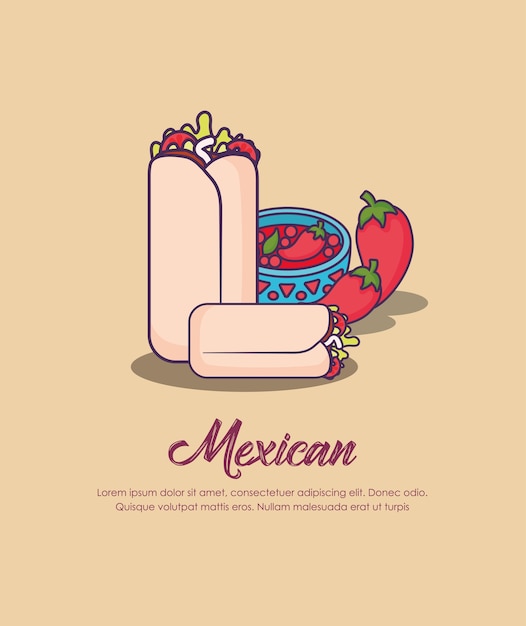 Progettazione infografica con burritos messicani e peperoncino su sfondo marrone, design colorato. v