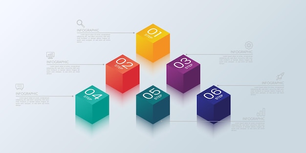 6개의 3D 큐브와 계단을 가진 인포그래픽 디자인