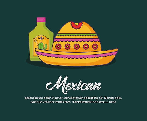 Progettazione infografica con bottiglia di tequila e cappello messicano su sfondo verde, design colorato.