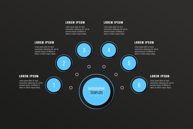 Infographic diagramsjabloon met zes ronde lichtblauwe elementen op een zwarte achtergrond