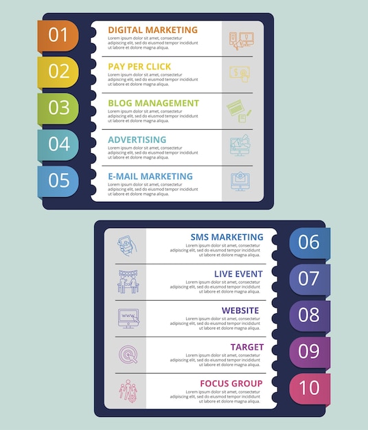 Infographic digitale marketing sjabloon pictogrammen in verschillende