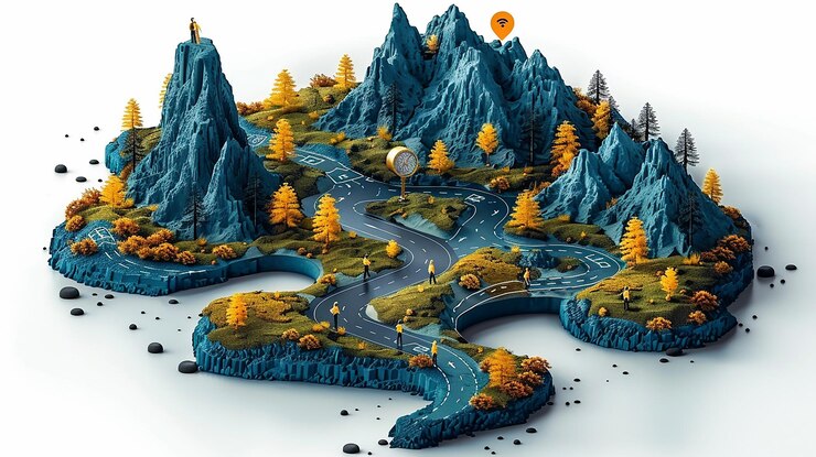 Vector an infographic displaying a dynamic map filled with winding roads and signposts