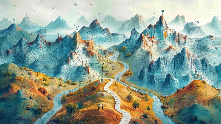 Vector an infographic displaying a dynamic map filled with winding roads and signposts
