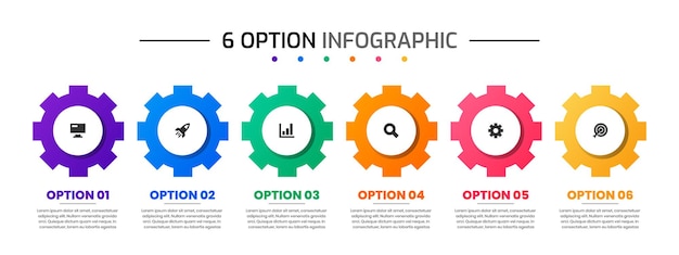 Modelli di progettazione di elementi infografici con icone e 6 opzioni