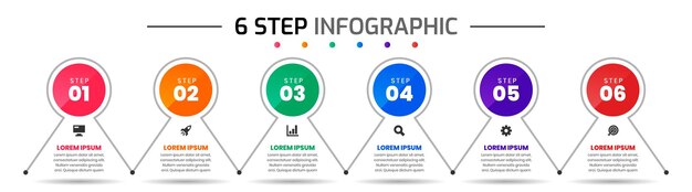 Vector infographic element design templates with icons and 6 steps suitable for presentations flow chart