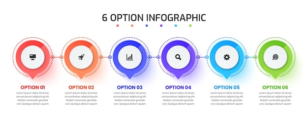 アイコンとプロセス図に適した6つのオプションを備えたインフォグラフィック要素のデザインテンプレート