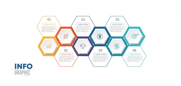 Infographic element met 6 opties of stappen. Kan worden gebruikt voor proces, presentatie, diagram, workflowindeling, infografiek, webontwerp.
