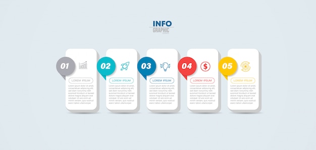 Infographic element met pictogrammen en 5 opties of stappen.