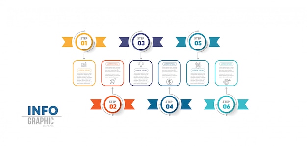 Infographic element met pictogrammen en 6 opties of stappen.