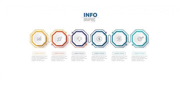 Infographic element met pictogrammen en 6 opties of stappen.