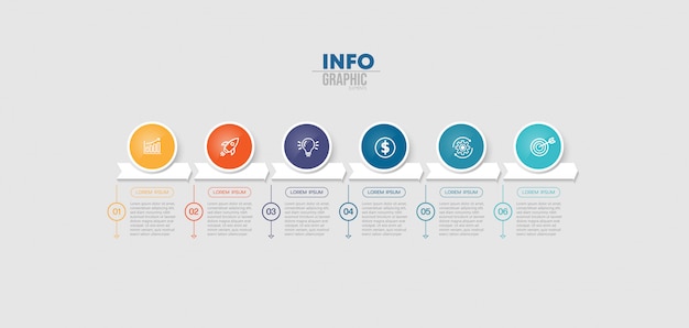 Infographic element met pictogrammen en 6 opties of stappen.